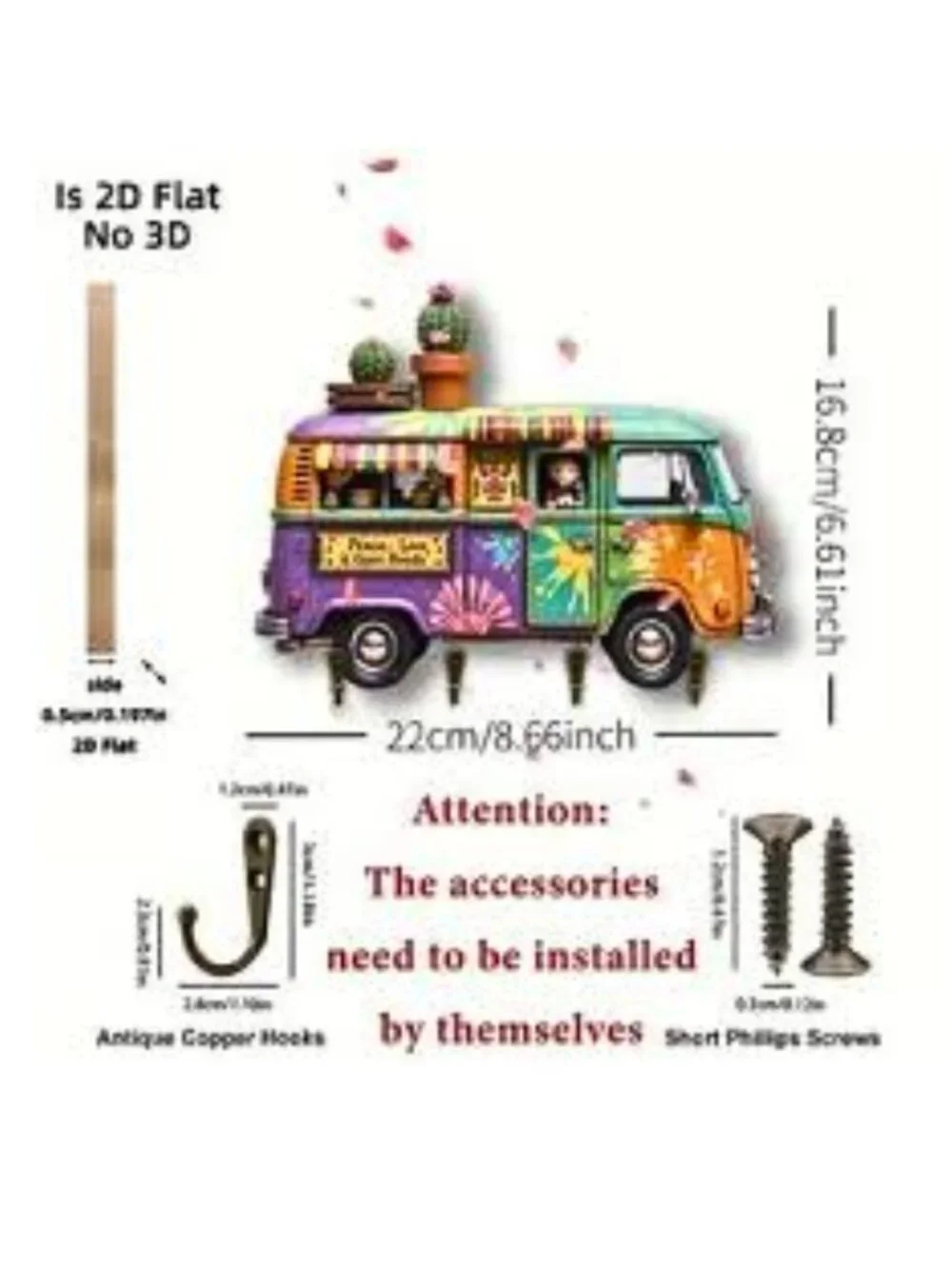 Colorful Bus Cactus Peace Love Wooden Key Holder 2D Flat Wall Hanging Organizer
